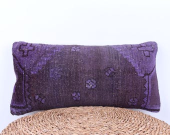 Purple Kilim Lumbar Pillow Cover, Handmade Wool Tribal Pillow, 12x20