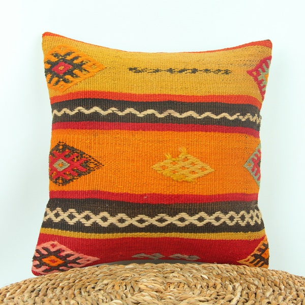 14x14 throw pillow, anatolian cushion, handmade lumbar case, traditional pillow, wool cushion cover, kilim pillow, oriental pillow case