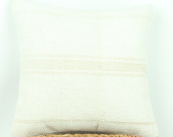 White Striped Hemp Kilim Pillow Cover, Turkish Cushion 14x14