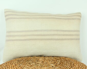 Hemp Natural Kilim Pillow / Striped Pillow / Modern Farmhouse Pillow Cover / Turkish Pillow Case / Designer Pillow Cover / 16x24 Cushion