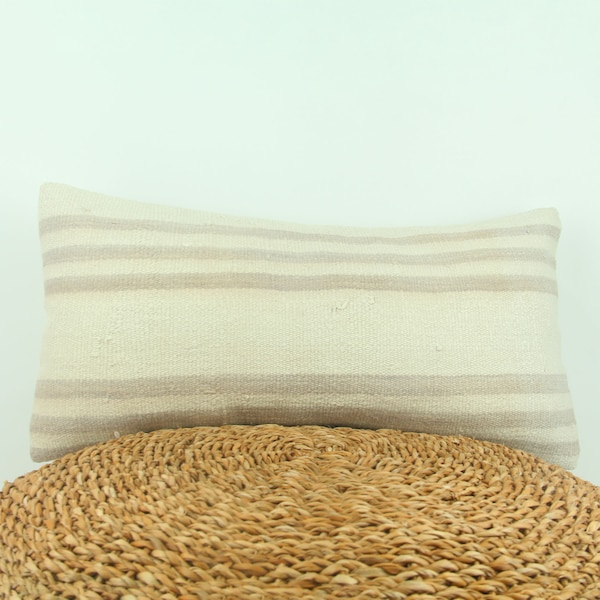 Simple Decorative Hemp Kilim Pillow - 12x24 Decorative Bedroom Livingroom Pillow - Pillow for Sofa - Anatolian Hemp Kilim Pillow - Best Gift