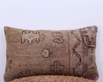 Boho Decorative Kilim Pillow Cover - 12x20 Lumbar Pillow for Living Room Decor - Throw Pillow Cover Green Cushion Ethnic Fabric Pillow Case