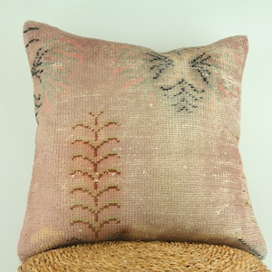 Handmade Kilim Pillow Cover 24x24 inch , Pink Cushion Cover, Cute Pink Large Kilim Pillow, Sofa or Bench Cushion, Turkish Kilim Pillow Case