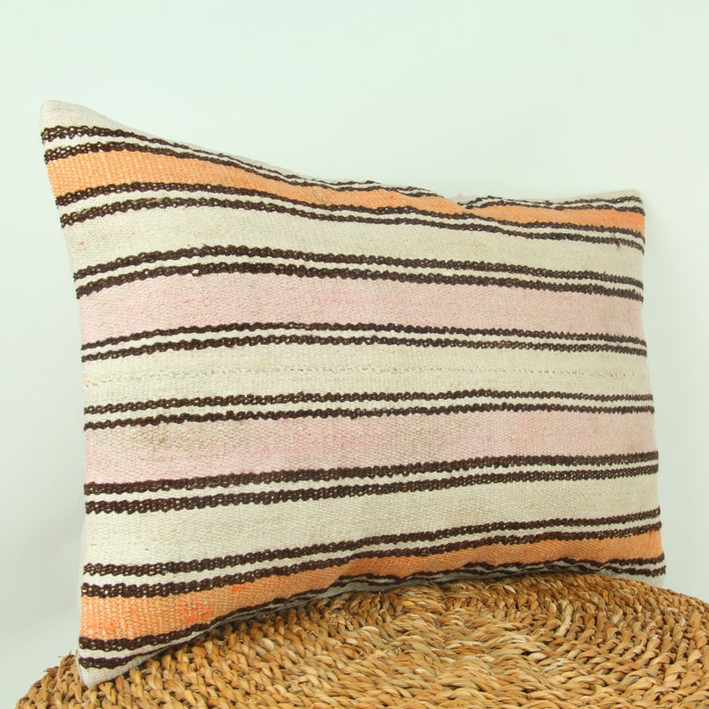 Hemp Natural Kilim Pillow / Striped Pillow / Modern Farmhouse Pillow Cover / Turkish Pillow Case / Designer Pillow Cover / 16x24 Cushion image 2