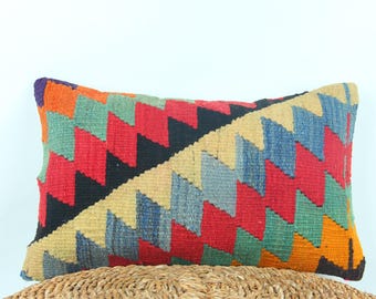 Almohada lumbar bohemia, kilim turco, decoración vintage para el hogar (30,5 x 50,8 cm)