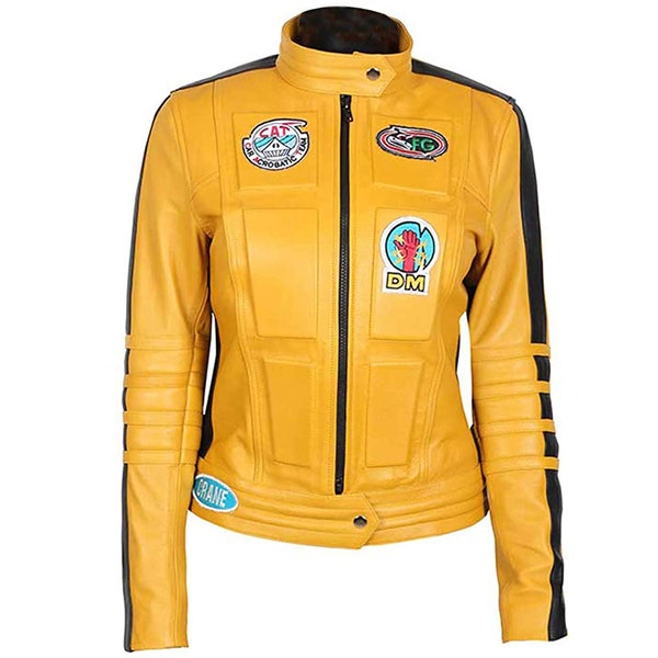 Handmade Kill Bill Uma Thurman The Bride Motorcycle Classic Yellow Padded Biker Leather Jacket