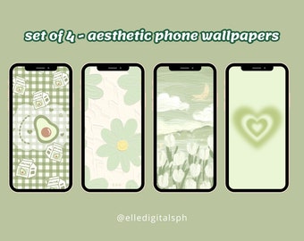 Set von 4 ästhetischen pastellgrünen Wallpaper für ios/android | Sofort-Download