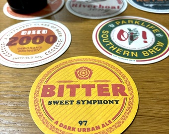 BritPop - Oasis - Blur - Pulp - Music Gifts - beer mats - 90s - Man Cave - coasters