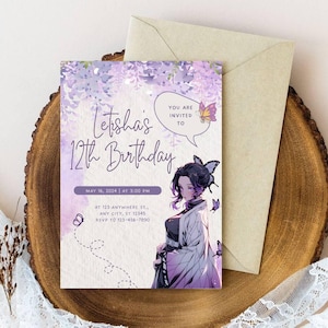 Carte d'anniversaire modifiable Shino-bu De-mon Sla-yer, Modèle d'invitation de dessin animé, Thème manga, Thème de l'anime, Fête d'enfants, Fête de filles