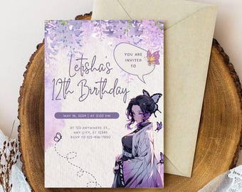 May include: Purple and white birthday invitation with a floral background and a cartoon character with long purple hair and a butterfly on her shoulder. The text on the invitation reads "Let's Celebrate Letisha's 12th Birthday" and includes the date, time, and location of the party.