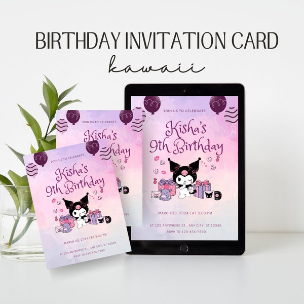 Editable Kawaii Character Birthday Invitation Card, Kitty and Friends Invitation, Kuro-mii Invitation, Canva