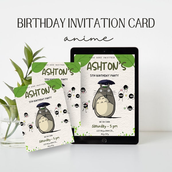 Editable Toto-ro Birthday Invitation Card, Studio Ghib-li Invitation Template, Anime, Cartoon, Leaf, Forest spirit, My Neighbor Party