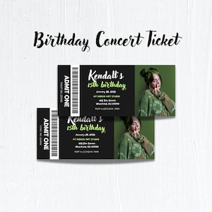 Bearbeitbare Billie Eilish Konzert-Geburtstagseinladung, VIP-Geburtstags-Konzertkarte, Ticket Stub, Grünes Thema, Canva-Vorlage