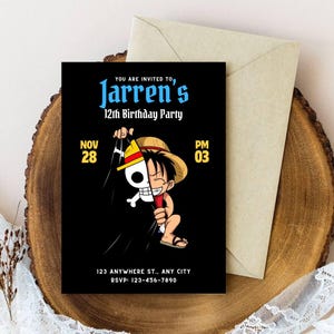 Invito di compleanno modificabile a tema Lu-ffy Piece, tema anime, invito anime, tema manga, festa otaku, personalizzato, Canva