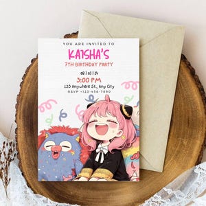 Carte d'invitation modifiable d'anniversaire Anyah, famille d'espions, modèle d'invitation d'anime, thème manga, thème anime, fête d'enfants, fête de filles