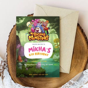 Bearbeitbar My Sing-ing Monsters Geburtstagseinladung Vorlage, süße Monster, Kinderparty, Jungenparty, Mädchenparty, personalisiert, Canva