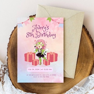 Carte d'anniversaire modifiable Mit-suri De-mon Sla-yer, Modèle d'invitation de dessin animé, Thème manga, Thème anime, Fête d'enfants, Fête de filles