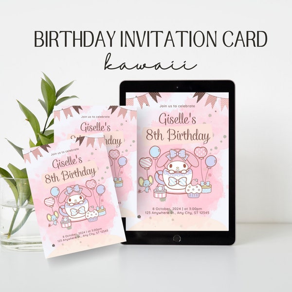 Tarjeta de invitación de cumpleaños de personaje Kawaii editable, Kitty y amigos, Invitación de cumpleaños de My Melodii, Conejito, Rana, Perro, Invitación S-nrio