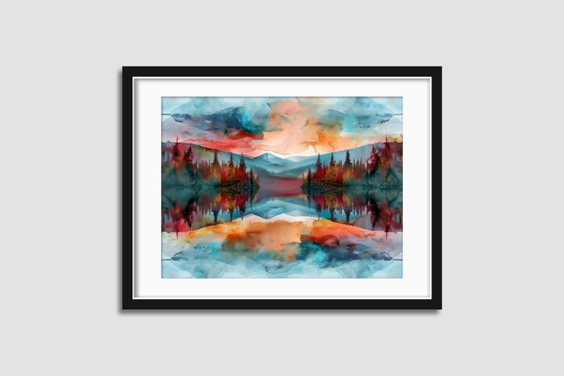 Lake Landscape Framed Wall Art: Modern Wilderness Boat Tree Scenery Foggy Mountain