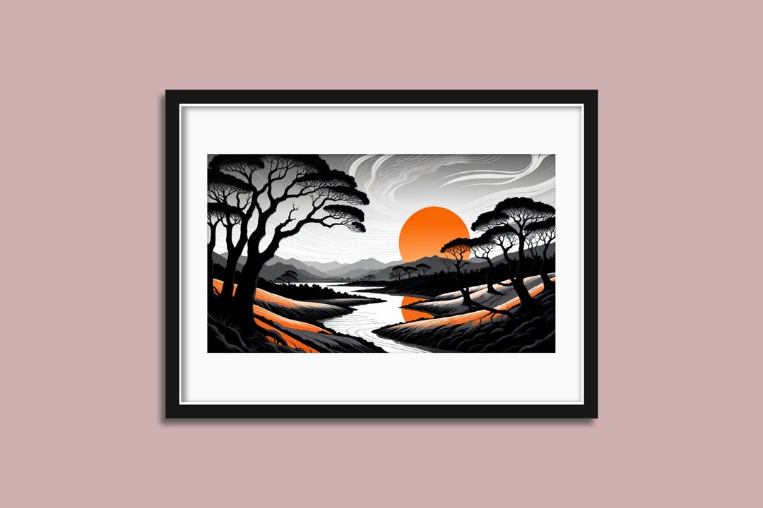 Abstract Landscape Wall Art, Monochrome Nature Print, Large Sunset Poster, Modern Home Decor
