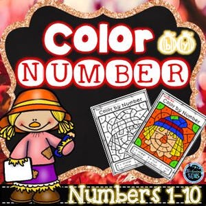 Könnte beinhalten: Digitales Bild mit den Worten "Color Number" in Rot und Weiß, darunter "Numbers 1-10". Das Bild zeigt eine Cartoon-Vogelscheuche und zwei "Color by Number"-Seiten, eine farbige und eine leere.