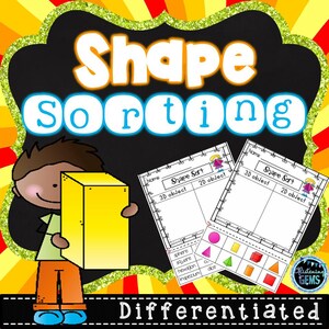 May include: Educational graphic with the words "Shape Sorting" in white letters on a black background. A cartoon figure holds a yellow rectangular prism. Two worksheets with shape sorting activities are also shown.