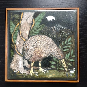 May include: Square ceramic tile featuring a kiwi bird illustration. The bird is brown with a long beak, set in a forest scene with a tree, ferns, and a moon. The tile is set in a wooden frame.