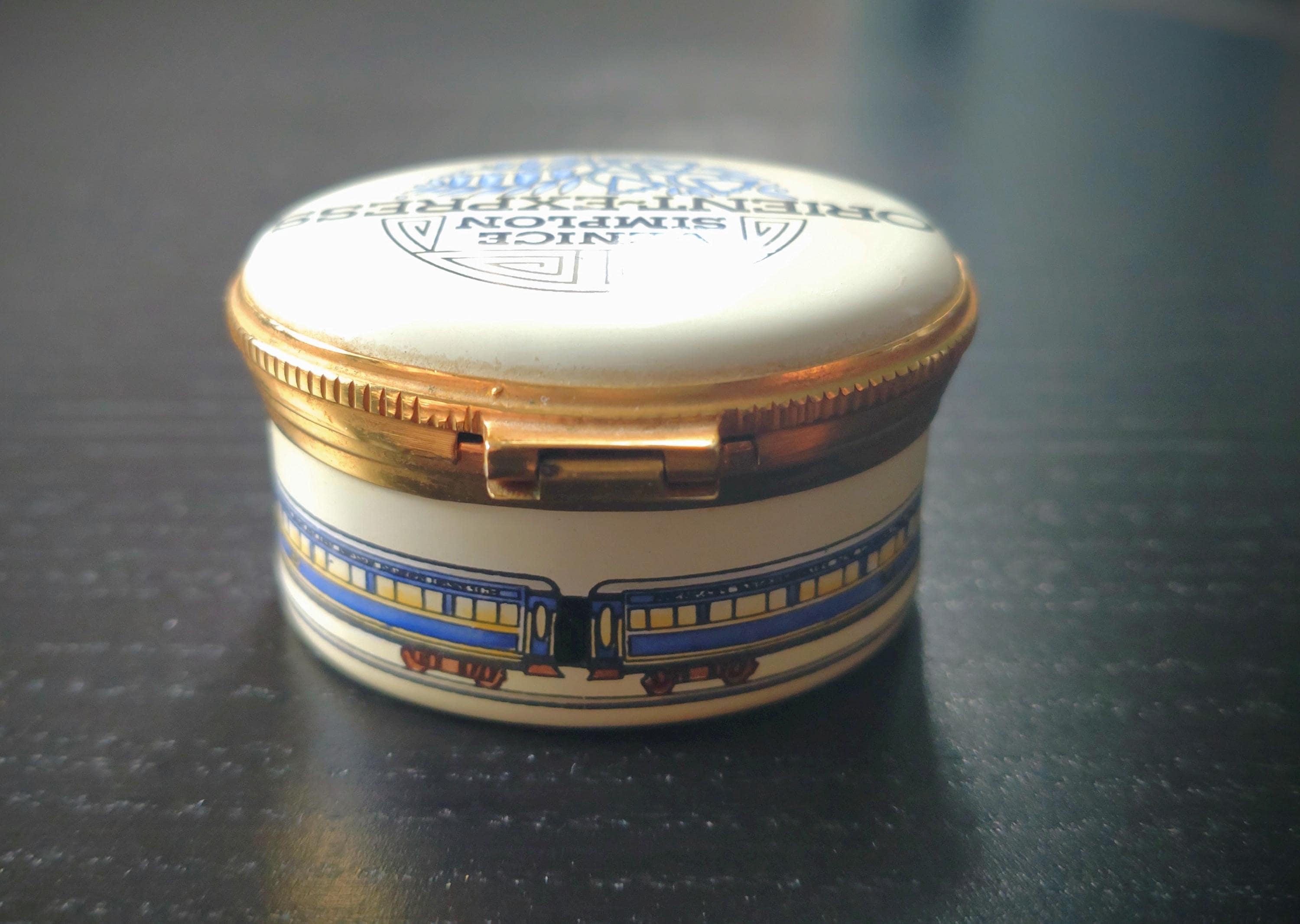 Vintage Orient Express Venice Simplon Train Blue and White Enamel