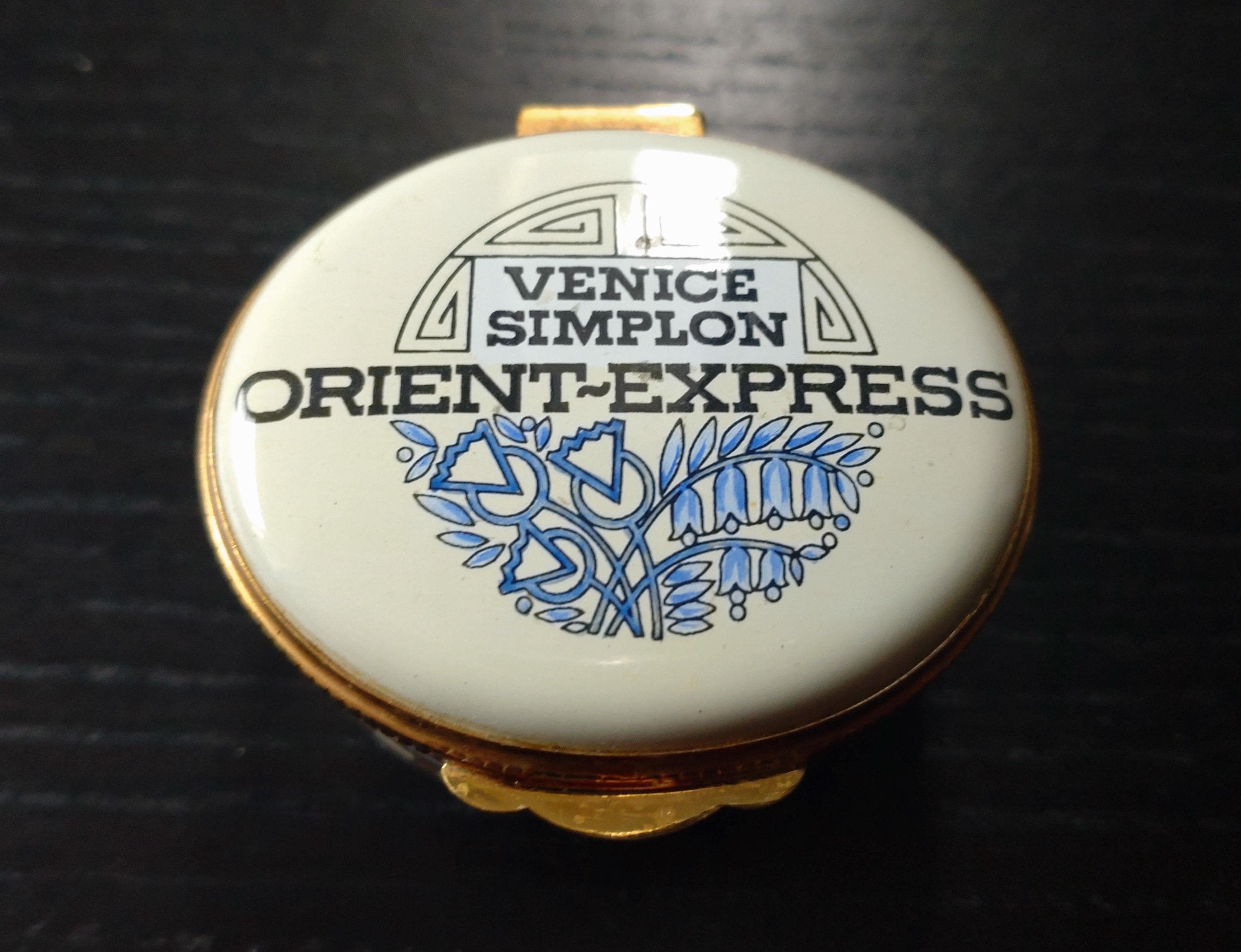 Vintage Orient Express Venice Simplon Train Blue and White Enamel