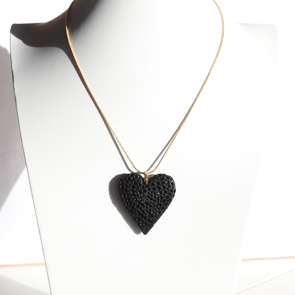 Gros collier coeur noir - pendentif Voronoi imprimé en 3D, cadeau unique pour elle