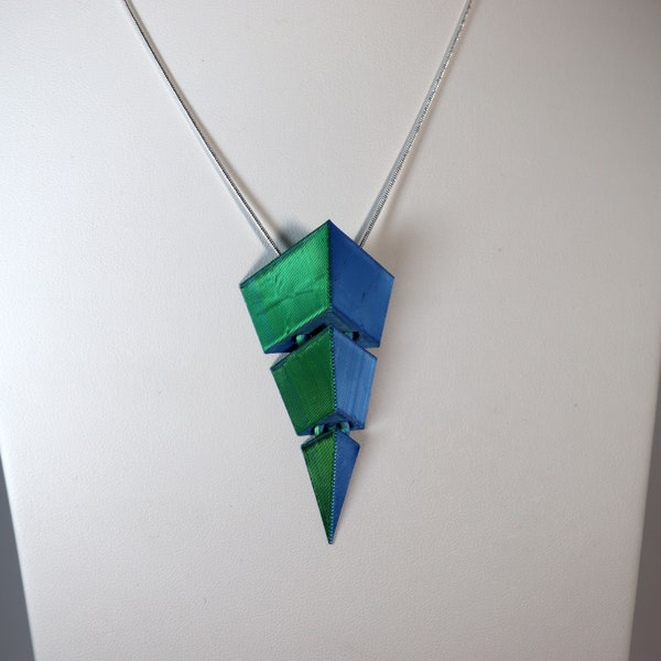 Collier géométrique coloré, pendentif Fidget, vert bleu, collier imprimé en 3D, pendentif cinétique, impression 3D