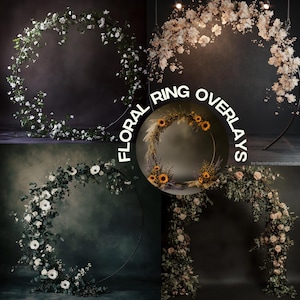 May include: Four different floral ring overlays for photography backdrops. Each overlay features a different type of flower arrangement, including white flowers, sunflowers, and delicate white blossoms. The overlays are designed to add a touch of elegance and beauty to any photo shoot.