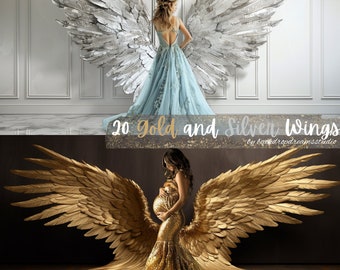 Fondo digital de maternidad con 20 alas doradas y plateadas