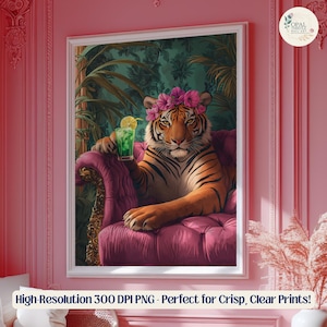 Arte maximalista de cóctel de tigre, decoración de pared de jungla tropical, póster de animales atrevidos, arte de bar peculiar, impresión tropical de tigre vibrante, arte imprimible