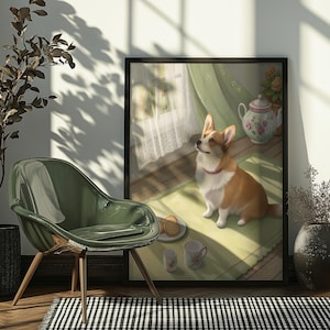 May include: A framed illustration of a corgi dog sitting on a green rug in a sunlit room. The dog is looking up and has a red collar. There are two cups and a plate of biscuits on the rug.