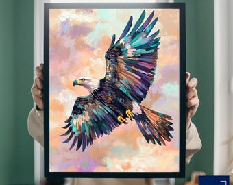 飛翔する白頭鷲の絵画：秋の森の野生動物アート（デジタルダウンロード