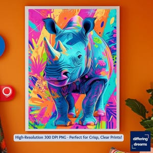 Bold Colorful Rhino Poster, Printable Wall Art, Vibrant Animal Decor for Home & Office, Fun Whimsical Art, Modern Jungle Safari Print