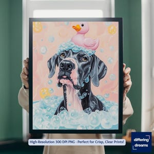May include: A black and white Great Dane dog with a pink rubber ducky on its head, sitting in a bath of blue and white bubbles. The dog has a serious expression on its face.