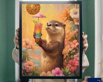 Whimsical Otter Cocktail Print: Tropical Bar Decor (Digital Download)