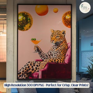 Leopard Martini Lounge Art Tropical Jungle Wall Decor Whimsical Animal Poster Bold Home Bar Wall Art Vibrant Maximalist Leopard Print Design