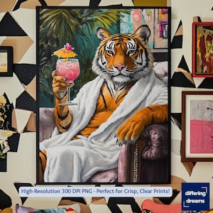 Puede incluir: Un tigre con una bata blanca está sentado en una silla con un cóctel rosa en su pata. El tigre tiene una expresión seria en su rostro. El fondo es una exuberante jungla verde.