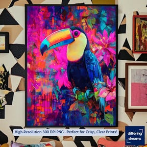 Lebendige Tukan Wandkunst, Bunter tropischer Vogel Druck, Dschungel Dekor, Wunderliche Tier Kunst, exotische Vogel Poster, Tukan Kunst zum Ausdrucken