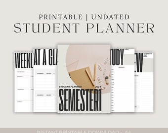 Pode incluir: Planeador de estudante imprimível sem data com uma seção semanal, uma visão geral do semestre e uma seção de estudo. O planeador tem um design preto e branco com um fundo marrom e branco.