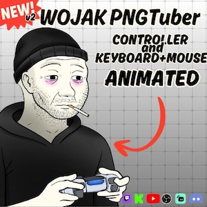 Puede incluir: Gráfico animado de Wojak PNGTuber. La imagen presenta un personaje de dibujos animados sosteniendo un controlador, con el texto "CONTROLLER and KEYBOARD+MOUSE ANIMATED". La palabra "NEW!" está en una pancarta roja. Los iconos de las redes sociales están en la parte inferior.