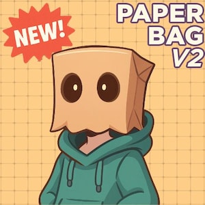May include: Illustration of a person wearing a paper bag mask with brown eyes and a teal hoodie. The image has the text "PAPER BAG V2" and a red burst with the word "NEW!"