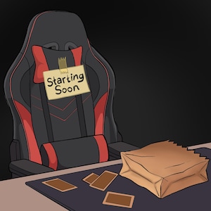 May include: Illustration of a gaming chair with red accents and a sign that says "Starting Soon." A brown paper bag and several cards are on the desk in front of the chair, suggesting a gaming or streaming setup.