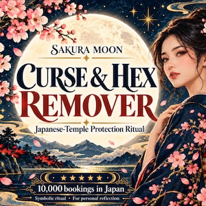 May include: A digital illustration featuring a person in a dark floral kimono with cherry blossoms, set against a large full moon. Text reads: SAKURA MOON CURSE & HEX REMOVER Japanese-Temple Protection Ritual and 10,000 bookings in Japan.