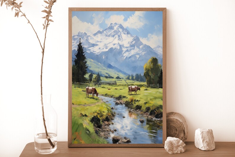 Digitaal downloadbare kunstposter van twee koeien in een alpenweide