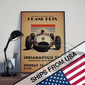 1955 Indy 500 GP retro poster advert, Formula 1 gift for him, great gift idea for Dad or son. A3 size wall art decor