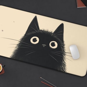 Black Cat Desk Mat, Fuzzy Black Cat, Aesthetic Mousepad, Deskmat, Cute Desk Pad, Big, Deskpad